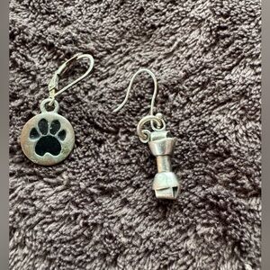 Paw print and sterling silver raw hide dog bone (marked 925) earrings.